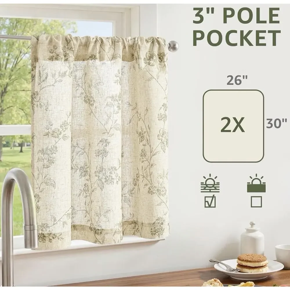 Floral Kitchen Curtains 30 Inch Linen Tier Curtains Farmhouse Cafe Green 2 Panel